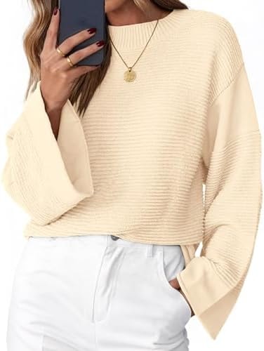 KIRUNDO Oversized Sweaters for Women Chunky Ribbed Knit Tops,Beige,S