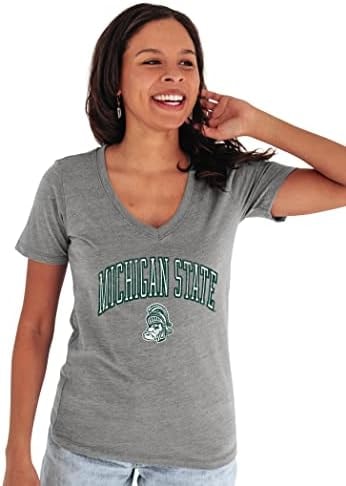 Blue 84 Michigan State Spartans Women's Tri-Blend T-Shirt Vintage Arch Over Secondary Color, Heather, Small