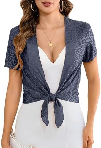 Totatuit Short Sleeve Sheer Shrug for Women Lightweight Tie Front Bolero Cropped Cardigans Leopard Navy Blue Medium