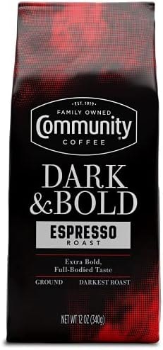 Community Coffee Dark & Bold Espresso Roast, Extra Dark Roast Ground Coffee, 12 Ounce Bag (Pack of 1)