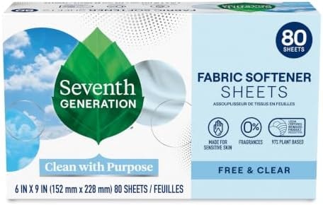 Seventh Generation Dryer Sheets Laundry Fabric Softener, Free & Clear Made for Sensitive Skin, 80 Sheets