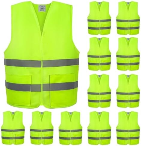 VOCHIC 12 Pack Safety Vests with Pockets Yellow Reflective High Visibility,Hi Vis Silver Strip for Men Women Cycling Running Surveying Volunteer Crossing Guard
