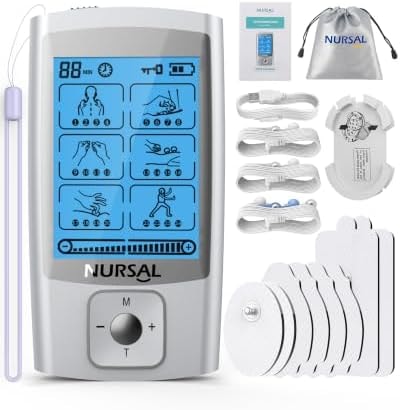 NURSAL 24 Modes TENS Unit Muscle Stimulator with Continuous Stimulation, Rechargeable Electronic Pulse Massager with 8 Pads for Back and Shoulder Pain Relief and Muscle Strength (Silver)