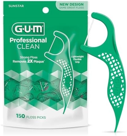 GUM Professional Clean Dental Floss Picks, Extra-Strong Shred-Resistant Floss with Easy-Grip Handle, Fresh Mint Flavor, 150 Count