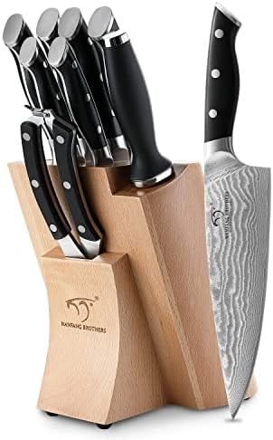 NANFANG BROTHERS 9-Piece Damascus Japanese Kitchen Knife Set with Block