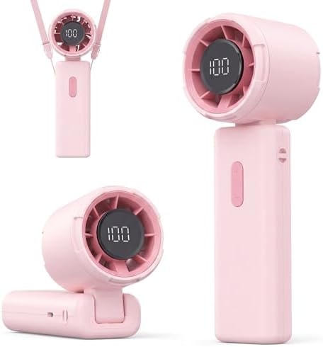 TUNISE Mini Handheld Fan, Pink Portable Turbo Fan with LCD Screen, 4000mAh Rechargeable Battery, 100-Level Speed Control, 90° Foldable Personal Cooling Fan for Travel, Office, Outdoor Use