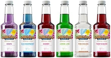 Hawaiian Shaved Ice Syrup Assortment, 6 Popular 16oz Flavors: Cherry, Grape, Blue Raspberry, Tiger's Blood, Lemon-Lime, Pina Colada