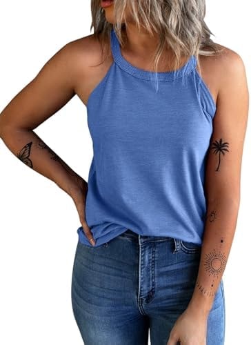 KINLONSAIR Women's Summer Sleeveless Halter Tee Shirts Crew Neck Workout Tank Tops Casual Plain Cami Shirts Blue