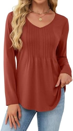 JUSTFASHIONNOW Winter Tops for Women V Neck Long Sleeve Shirts Pleated Plus Size Tunic Tops Peplum Dressy Blouses Womens Thanksgiving Clothes Trendy 2025 (Caramel, XX-Large)