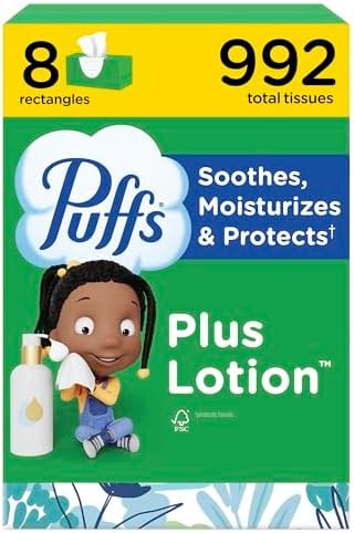 Puffs Facial Tissues Plus Lotion, 8 Family Rectangle Boxes, 124 Facial Tissues per Box, Allergies and Colds (Packaging May Vary)