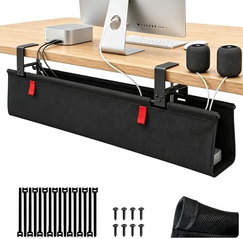 AHOMO Under Desk Cable Management No Drill – 28" L x 6" W Cord Organizer, Upgraded Silicone Pads (No Scratch), 16 Cable Slots, Washable PE Honeycomb Base, Fits Desks 0–2.1" Thick, Black