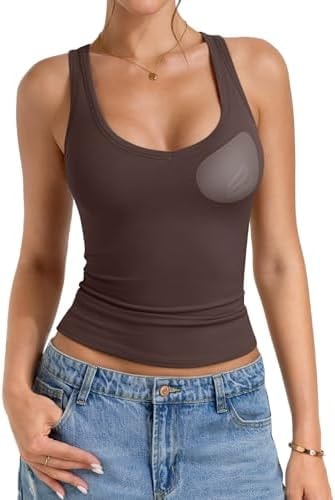 PINKMSTYLE Womens Tank Tops Fitted Double Lined with Built in Bras Sleeveless Top Trendy Concert Outfits 2026 Coffee