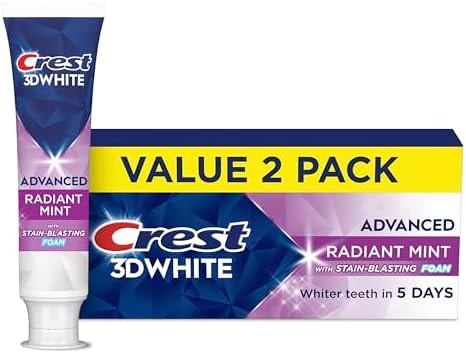 Crest 3D White Advanced Toothpaste, Radiant Mint, 3.3 oz (Pack of 2), Whiter Teeth in 5 Days, Enamel Safe Fluoride Anticavity Toothpaste for Stain Removal and Prevention