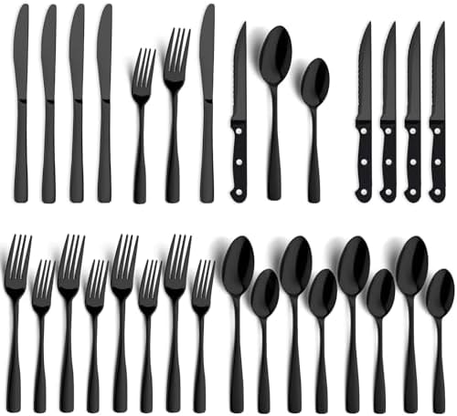 BEWOS 24 Piece Black Silverware Set - Service for 4 - Stainless Steel Silverware Set with Steak Knives, Mirror Polished Includes Knives, Forks and Spoons, Dishwasher Safe, Flatware Set for Restaurant
