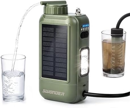 Swonder Portable Electric Water Filter – 0.01 Micron Camping Water Purifier with Solar & 5200mAh Battery, 4-Stage Filtration System for Hiking, Emergency, Survival