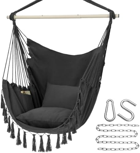 Y- STOP Hammock Chair Hanging Rope Swing, Max 500 Lbs, 2 Cushions Included, Large Macrame Hanging Chair with Pocket, Cotton Weave for Superior Comfort, Durability (Dark Grey)