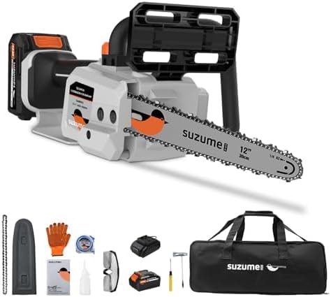 SUZUME Battery Chainsaw 12 Inch, 21V 2x4.0Ah Batteries 2 x Chains Electric Chain saw Cordless with 33 Ft/s Powerful Cutting Auto Oiling for Pruning Fallen Tree Cleaning Wood Cutting DIY