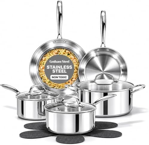 Gotham Steel 10 Pcs Tri Ply Stainless Steel Cookware Set, Pots and Pans Set with Induction Bottom, Made Without PTFE PFOA PFOS, Metal Utensil Safe, Oven and Dishwasher Safe