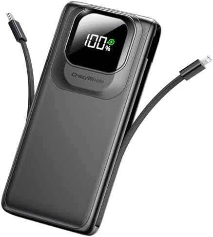 Crazywhale 10000mAh 22.5W Portable Charger, Built-in Cables, Matte Black