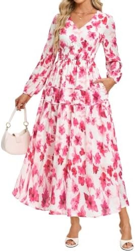 GRACE KARIN Womens Long Sleeve Floral Maxi Fall Dress 2026 Pink White M