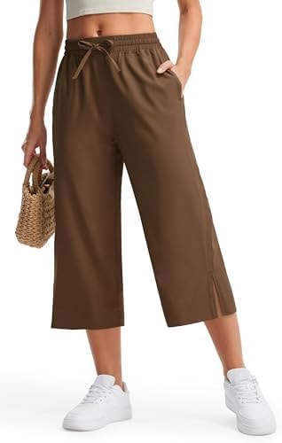 Libin Lightweight Capri Pants for Women Wide Leg Beach Pants, Brown M