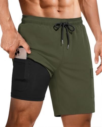 Ekouaer 9 Inch Mens Swim Trunks with Compression Liner 2 in 1 Board Shorts Quick Dry Bathing Suit with Pockets Army Green