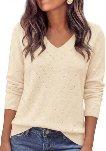 PRETTYGARDEN Hollow Out V Neck Long Sleeve Tops for Women, Apricot, S