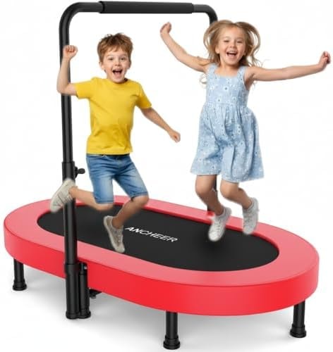 ANCHEER Trampoline for Kids, Toddler Trampoline Indoor Sports and Outdoor Games 56" Kids Rebounder 220LBS Capacity with Adjustable Safety Handrail Foldable Jumper for Boys and Girls (Ruby Red)