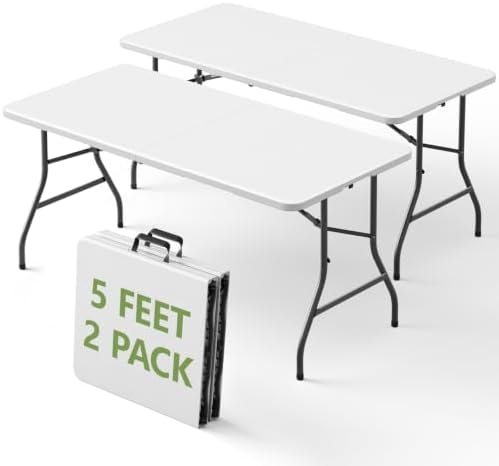 5FT Folding Table 2 Pack,Heavy Duty Plastic Foldable Tables with Carry Handles,Fold-in-Half Portable Utility Tables with Steel Legs for Party,Wedding,Banquet,Camping,Picnic,Event,Indoor Outdoor,White