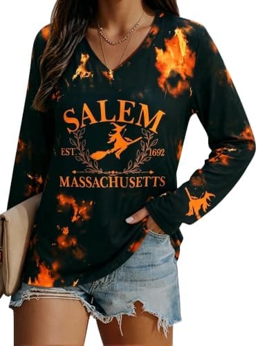 Women's Fall Halloween Long Sleeve V Neck Shirts Funny Salem Witches Tops