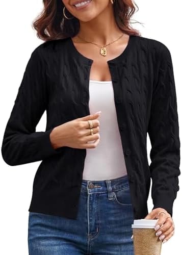 GRACE KARIN Womens 2026 Long Sleeve Button Up Cardigans Lightweight Cable Knit Button Down Sweaters for Women Black M