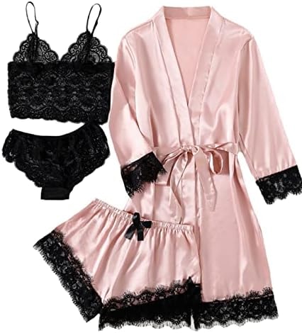 LYANER Women's Silk Satin Sexy Pajamas Set Solid Pink X-Large