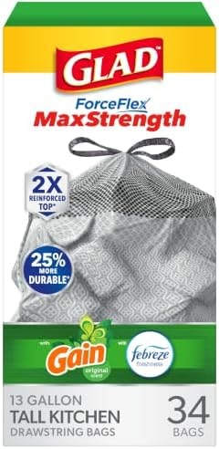 Gain ForceFlex MaxStrength Tall Kitchen Trash Bags, 13 Gal, Gain Original, 34 Ct (Pack May Vary)