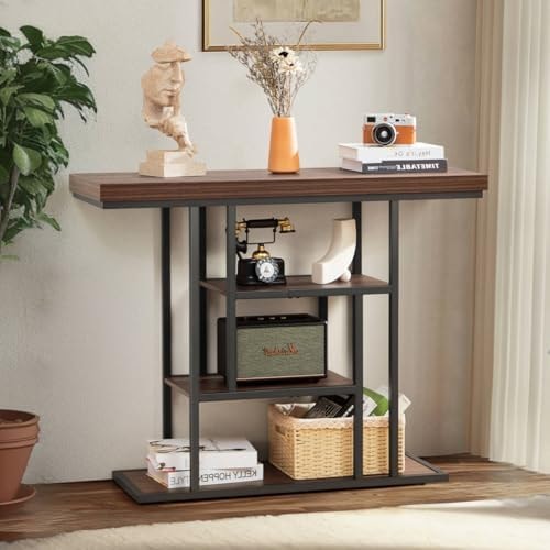 HABUTAY 42 Inch Industrial Entryway Table with 4-Tier Storage Shelves,Sofa Table for Living Room, Narrow Console Table for Hallway, Foyer, Front Door, Accent Furniture with Metal Frame，Rustic Brown