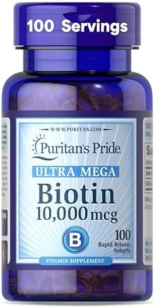 Puritan's Pride Premium Ultra Mega Biotin 10,000mcg, Dietary Supplement for Healthy Hair, Skin, Nails, and Energy Metabolism Support, 100 Day Supply, 100 Rapid Release Softgels