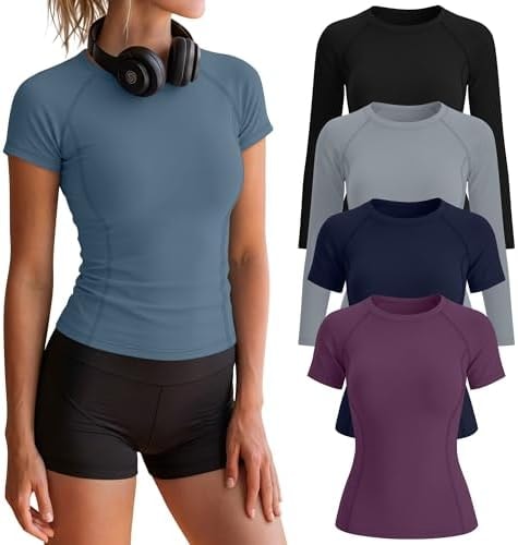 Velvelhall 4 Pack Women's Compression Shirts Long/Short Sleeve Workout Yoga Tops Raglan Crewneck Athletic Gym Slim Base Layer(Fuchsia, Navy Blue, Light Gray, Black,Large)