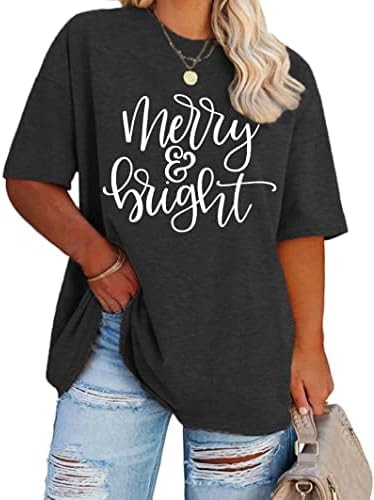 Christmas Plus Size Shirt Women Merry and Bright Tops Holiday Shirt Women Oversized Xmas Tee Fall Tops Dark Grey
