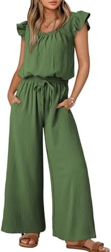 Dokotoo Jumpsuits for Women 2026 Fall Ruffle Sleeves Square Neck Rompers Drawstring High Waisted Wide Leg Pants Dressy Beach Fashion with Pockets for Party,Vineyard Medium