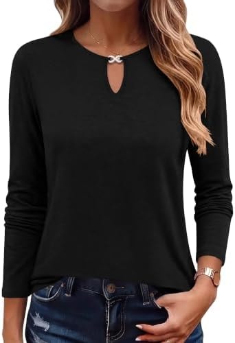 ANRABESS Long Sleeve Shirts for Women Fall Metal Keyhole Neck Basic Tops