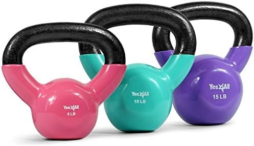 Yes4All Kettlebell, Vinyl Coated Cast Iron Kettlebell Sets 5, 10 & 15lbs for Weights Exercises, Full Body Workout, Push Up, Grip Strength & Strength Training - Multicolor