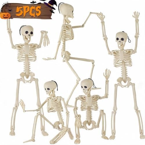 Feir 16" Skeletons Halloween Decorations – 5PCS Posable Full Body Skeletons with Movable Joints, Realistic Props for Outdoor Yard, Haunted House, Party & Indoor Halloween Decor