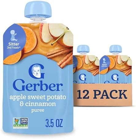 Gerber Stage 2 Baby Food, Apple Sweet Potato Cinnamon Puree Pouch, 2 Servings of Fruit & Veggie, No Added Sweetener, No Artificial Colors or Flavors, 12-Pack
