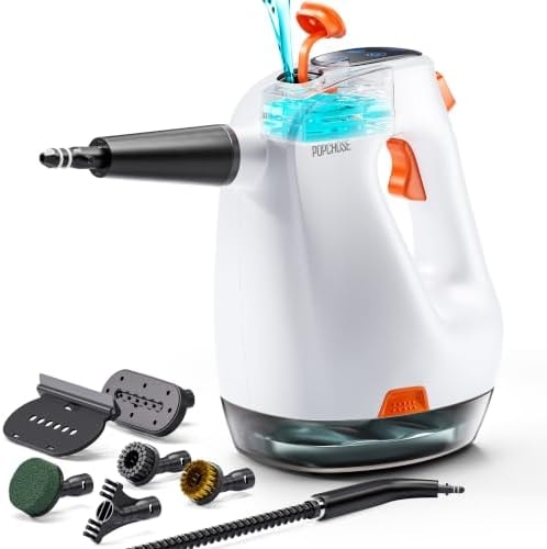 POPCHOSE Handheld Steam Cleaner with Detergent Dispenser 15s Heat-Up, 500ml Removable Water Tank, Lightweight Portable Steamer for Cleaning Grout, Windows, Kitchen & Bathroom