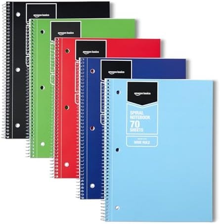 Amazon Basics Wide Ruled Spiral Notebook, For Work and School, 70 Sheets, 8" x 10.5", Assorted Solid Colors, 5 pack