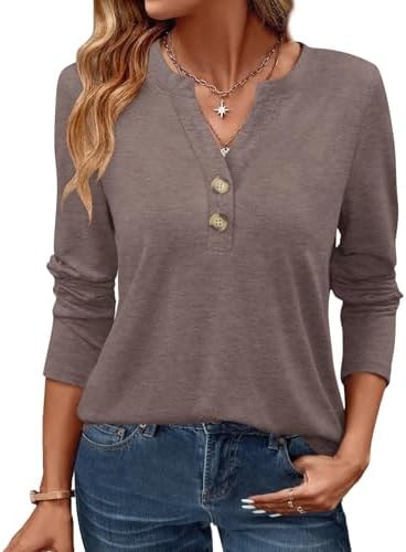 GKBK Womens Long Sleeve Tops Fall Clothing V Neck Casual Shirts Button Dressy Trendy Blouses Loose Fit Tunic Coffee Brown