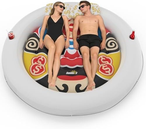 Sunikko X 73"x73" Inflatable Tanning Pool Floats Lounger Bed for Adults, Lucky Design XL Round Blow Up Pool Raft with Cup Holders, Pillow, 500lb, Sunbathing, Pool, Beach, Lake, Backyard Party