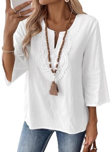 EVALESS Boho Tops for Women 3/4 Sleeve Embroidered Shirts,White,Large