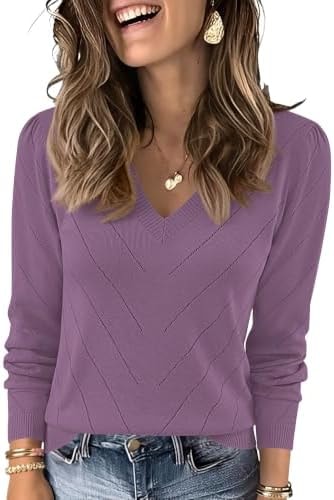 LOMON Fall Sweaters for Women Dressy V-Neck Work Tops Long Sleeve Shirts