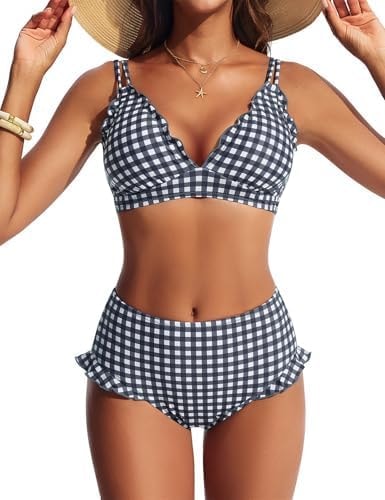 Hanna Nikole Women High Waisted Bikini Sets Ruffle Black White Plaid L