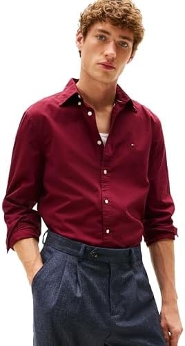 Tommy Hilfiger Mens Long Sleeve Poplin Shirts in Regular Fit, Men's Button Down Shirts, Also Available in Big and Tall DEEP Rouge Large